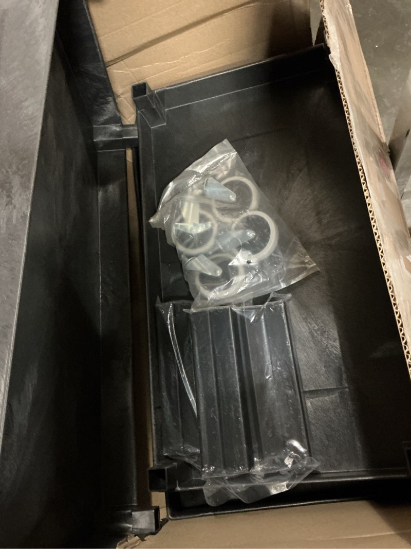 Condition photo showing Good Condition for LUXOR EC111-B Heavy Duty Plastic Utility Cart, 32" x 18" Rolling Tub Cart with Three Shelves, 300 lbs. Capacity, Ergonomic Push Handle, Black 1 Pack Black