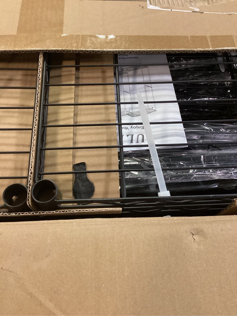 Condition photo showing Good Condition for Ulif E12 Clothes Rack?Heavy Duty Freestanding Garment Rack with Shelves?Metal Clothing Closet Storage System for Hanging Clothes?71" W x 16" D x 76.5" H, Hold 960 lbs?Black
