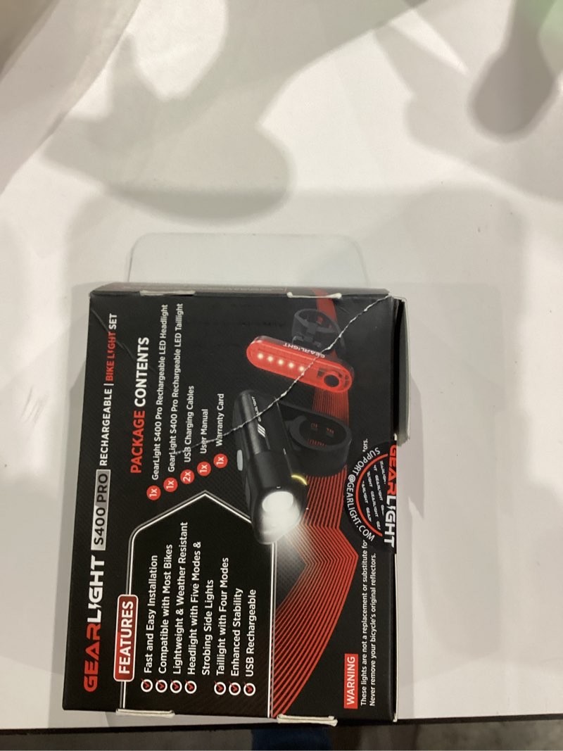 Condition photo showing As Is for GearLight Rechargeable Bike Light, Bike Headlight and Tail Light Set, Powerful Front and Back Lights for Night Riding Safety, Night Riding Accessories, White Elephant Stocking Stuffer for Men
