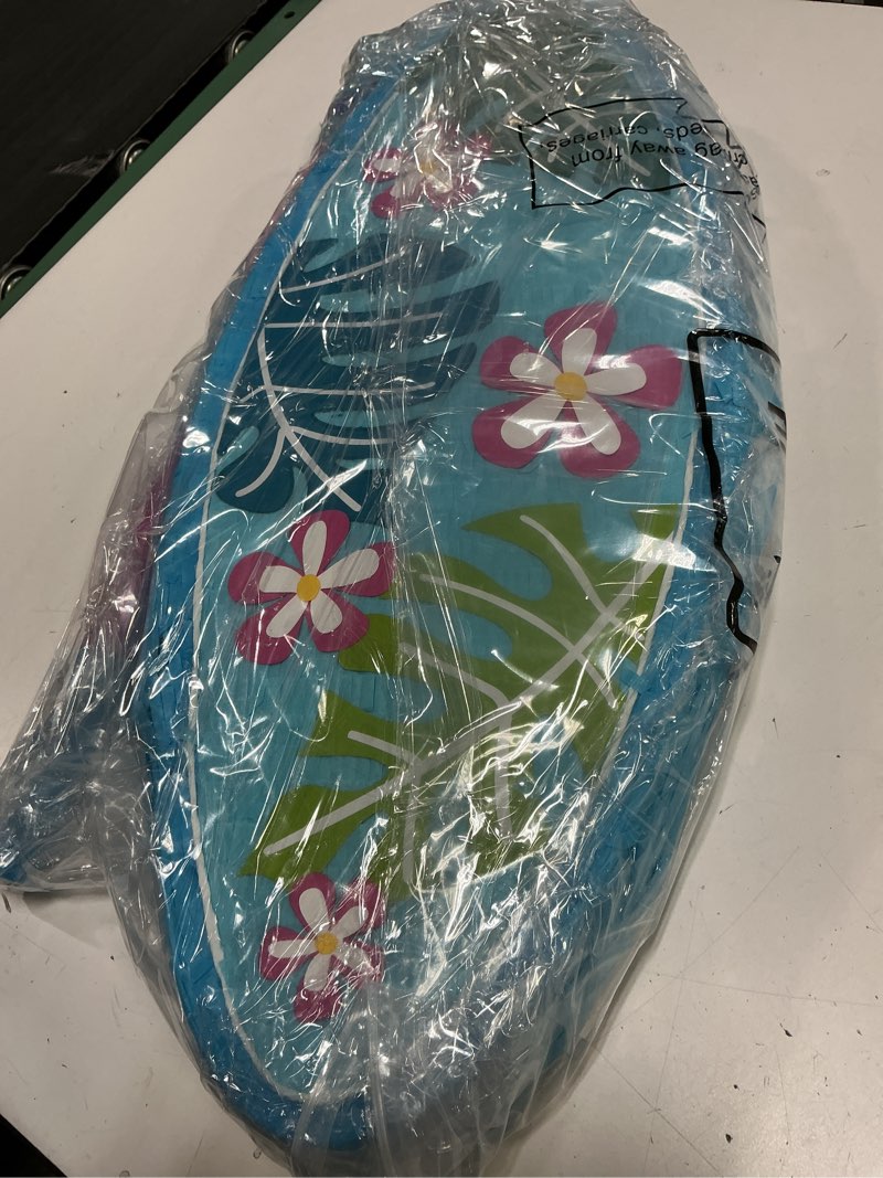 Condition photo showing As Is for 23 inch blue surfboard piñata with stick blindfold confetti, hawaii beach theme surfboard piñata red frangipani palm leaves patterned for summer luau birthday party decorations ocean style