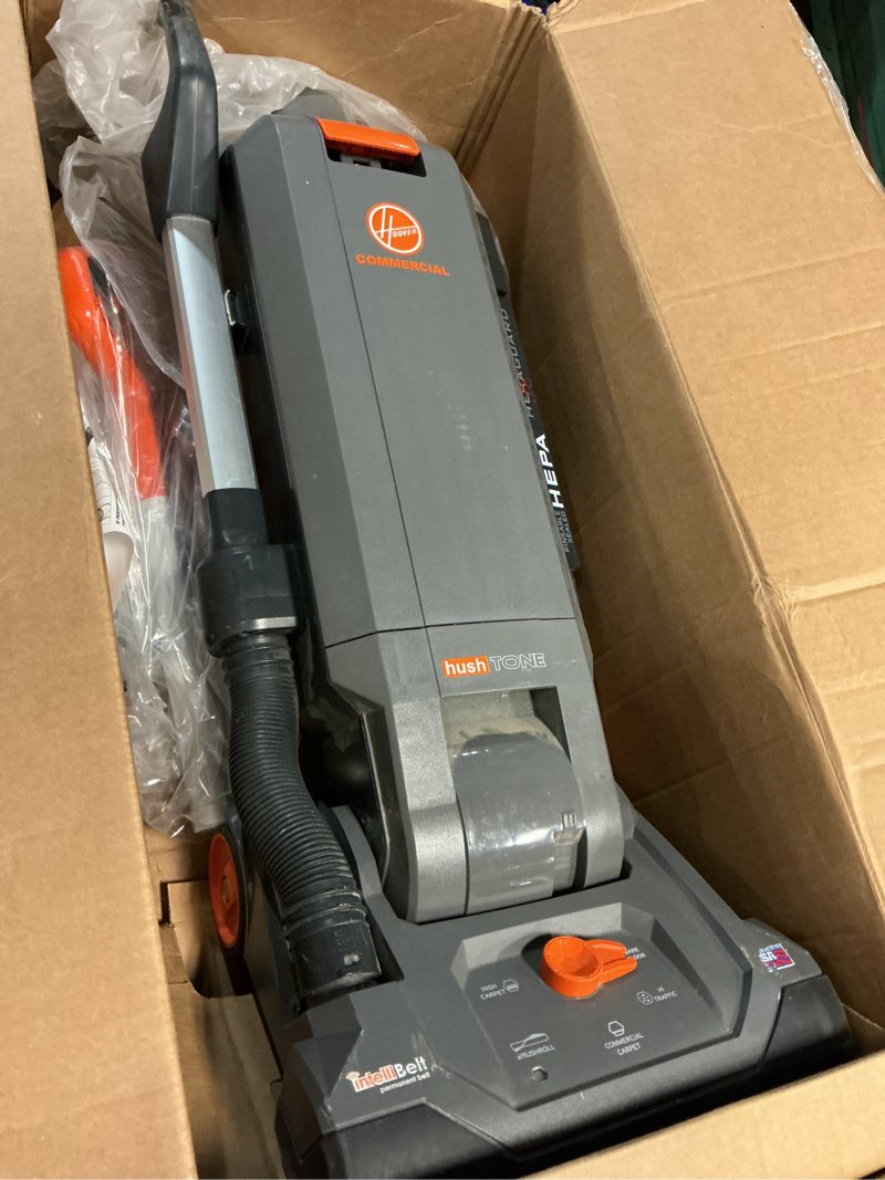 Condition photo showing As Is for hoover commercial hushtone 13-inch 2-speed upright vacuum cleaner with intellibelt, quiet bagged hepa filtered professional rated, 40-foot long cord, ch54113, gray/orange 13 inches with intelliblet