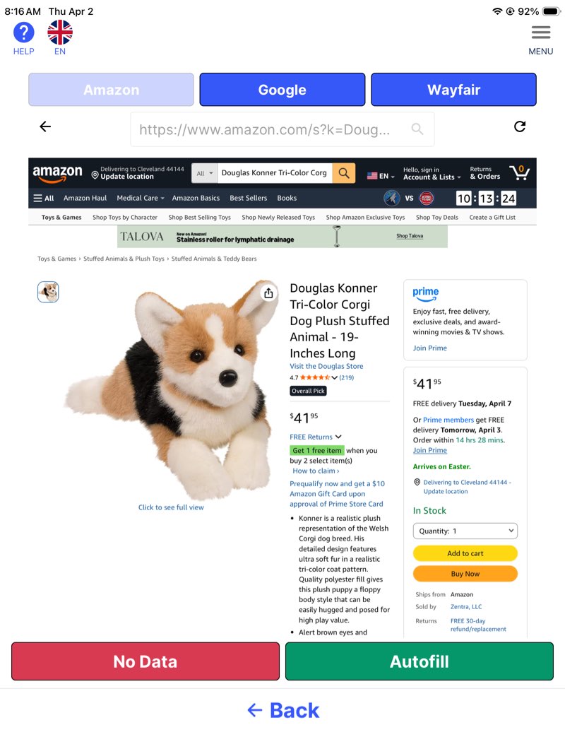 douglas konner tri-color corgi dog plush stuffed animal - 19-inches long