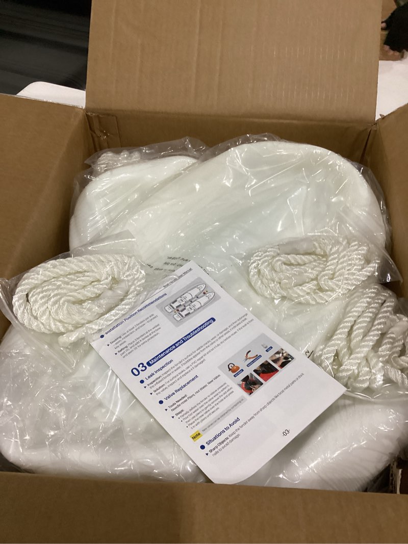 Condition photo showing New/Like New for boat fenders 4 pack 8 x 20 inches ribbed center hole boat fenders bumpers for docking, comes with ropes and pump to inflate ??ivory white