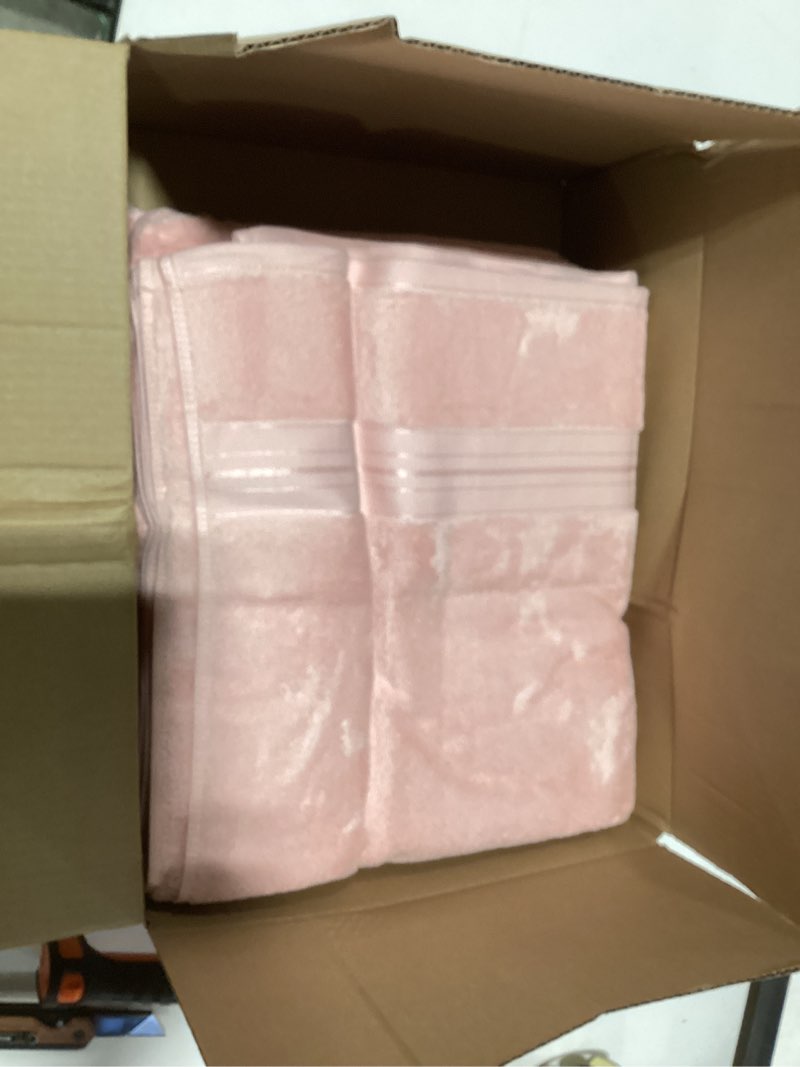 Condition photo showing As Is for REDKISS Pink Bath Towels Set of 4, Extra Large Bath Sheets 27 X 59 Inches, 100% Cotton, 600 GSM, Quick Dry, Ultra Soft & Super Absorbent Bathroom Towel Sets for Bathroom, Gym, Spa, Pool & Hotel Pink Towel Set of 4
