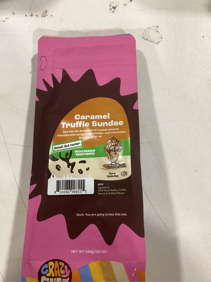 Condition photo showing New/Like New for Crazy Cups Decaf Flavored Ground Coffee, Decaffeinated Caramel Truffle Sundae Coffee, For Brewing Flavored Hot or Iced Decaf Caramel Coffee, 10oz Caramel Truffle Sundae 10 Ounce (Pack of 1)