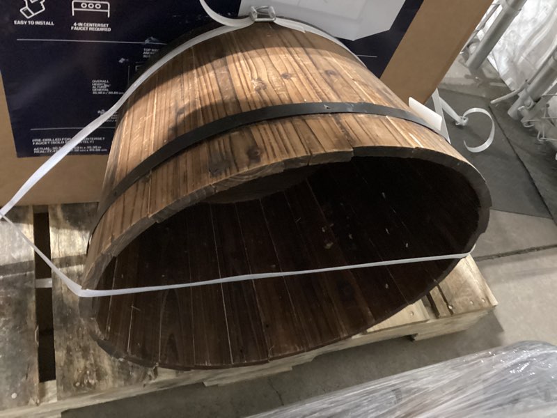 Condition photo showing As Is for worth imports round 18.0-in w x 18.0-in l x 18-in h natural oil wood indoor/outdoor whiskey barrel