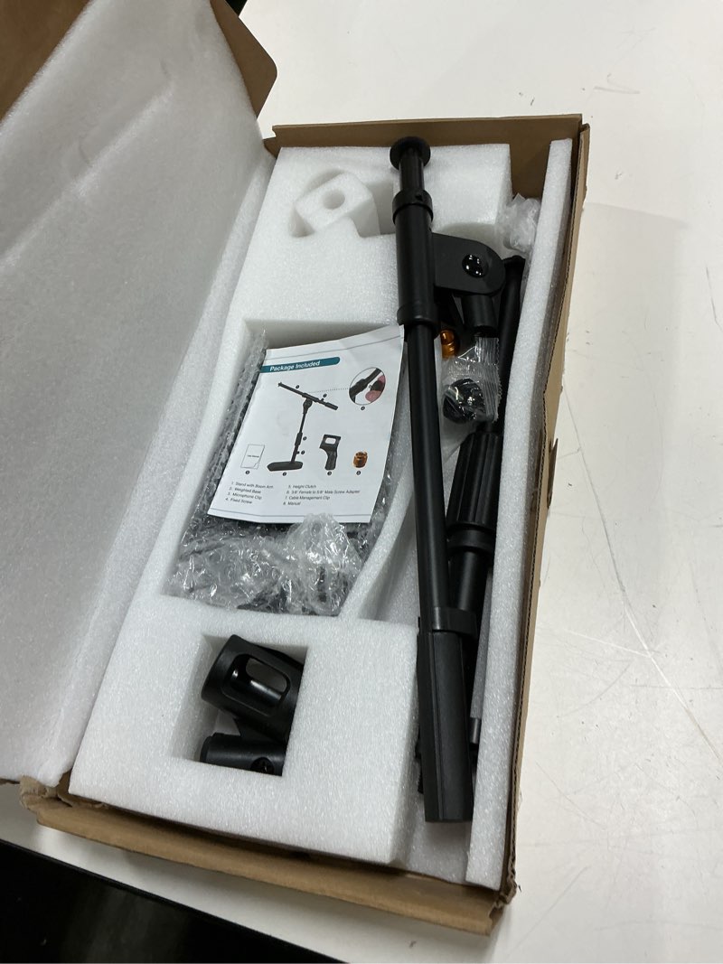 Condition photo showing As Is for innogear adjustable desk microphone stand, weighted base with soft grip twist clutch, boom arm, 3/8/'' and 5/8/'' threaded mounts for blue yeti and blue snowball, kick drums, guitar amps, black 1