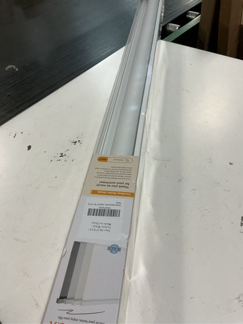 Condition photo showing Good Condition for persilux blackout roller blinds for windows, cordless free-stop roller shades with valance, thermal insulated fabric window blinds, uv protection shades for home and bedroom (white,36.5" w x 72" h) 36.5"w x 72"h white