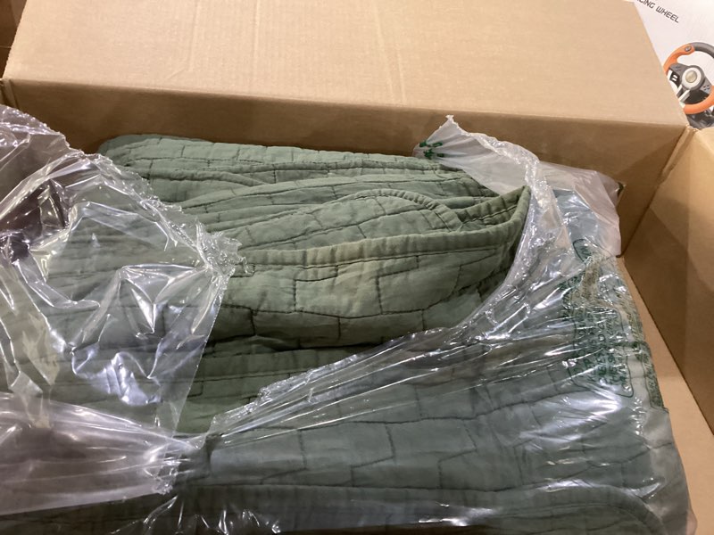 Condition photo showing As Is for Size unknown similar to photo only comforter WDCOZY Olive Green Quilt Set, Geometric Box Lightweight Bedspread, Soft Farmhouse Rustic Coverlet, Spring Summer Thin Comforter, Country Bedding, 68x90 inches Olive Green