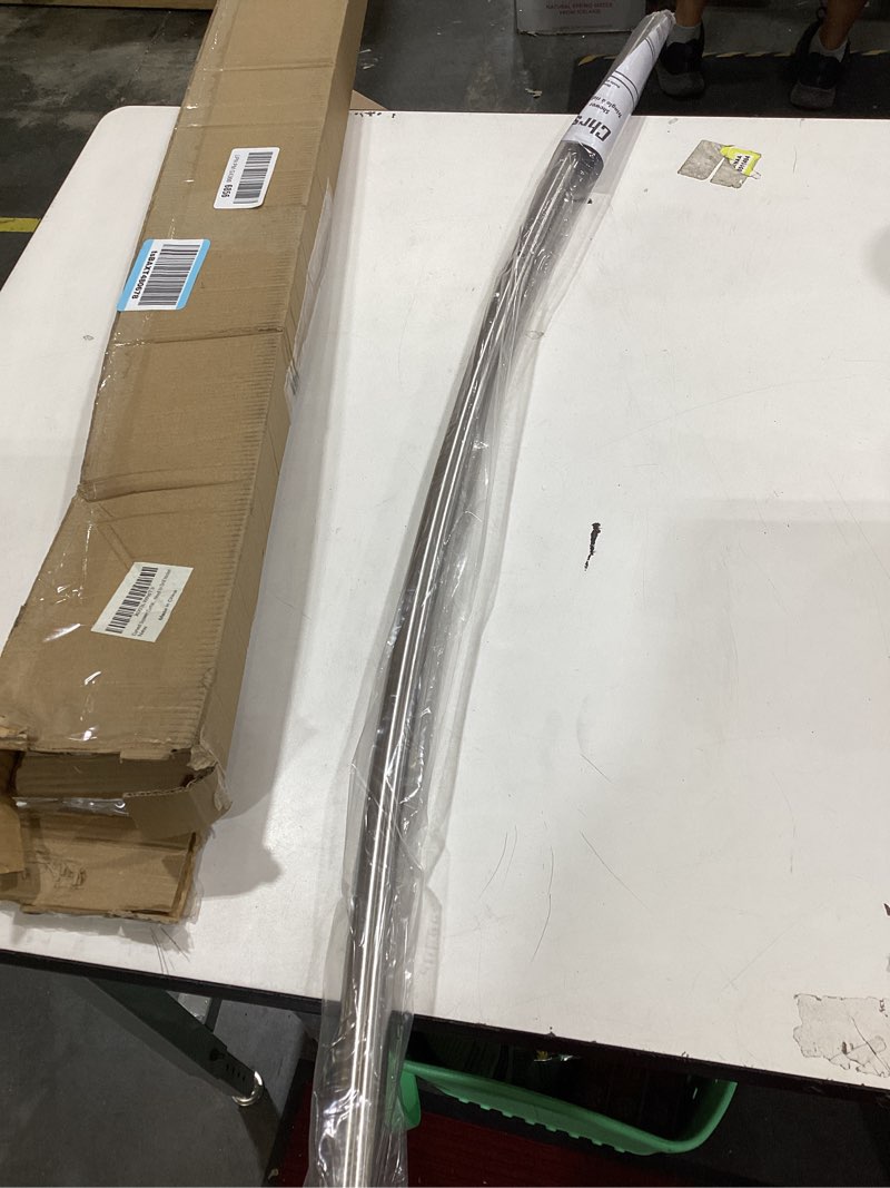 Condition photo showing As Is for chrsouly adjustable curved shower rod, 42-72 inches extra wide shower curtain rod, rust proof, premium stainless steel, curved shower curtain rod for bathroom, need to drill, nickel nickel 42-72 inches