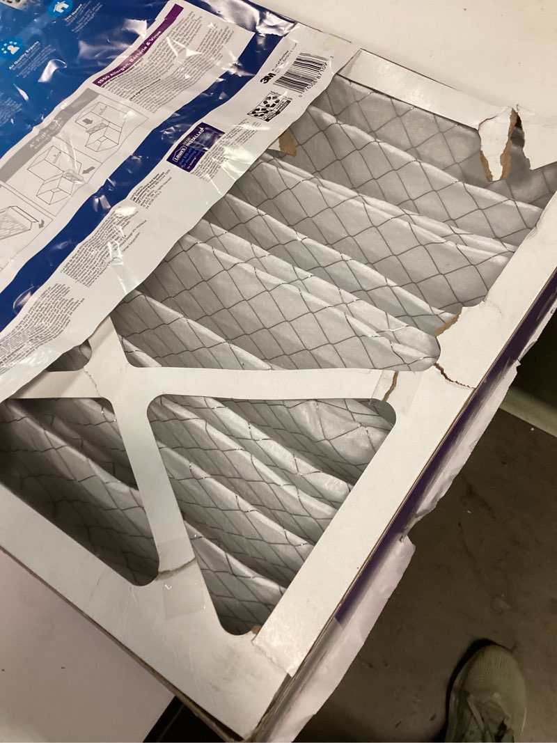 Condition photo showing As Is for filtrete 16-in w x 25-in l x 4-in merv 12 1550 mpr slim allergen, bacteria and virus electrostatic pleated air filter