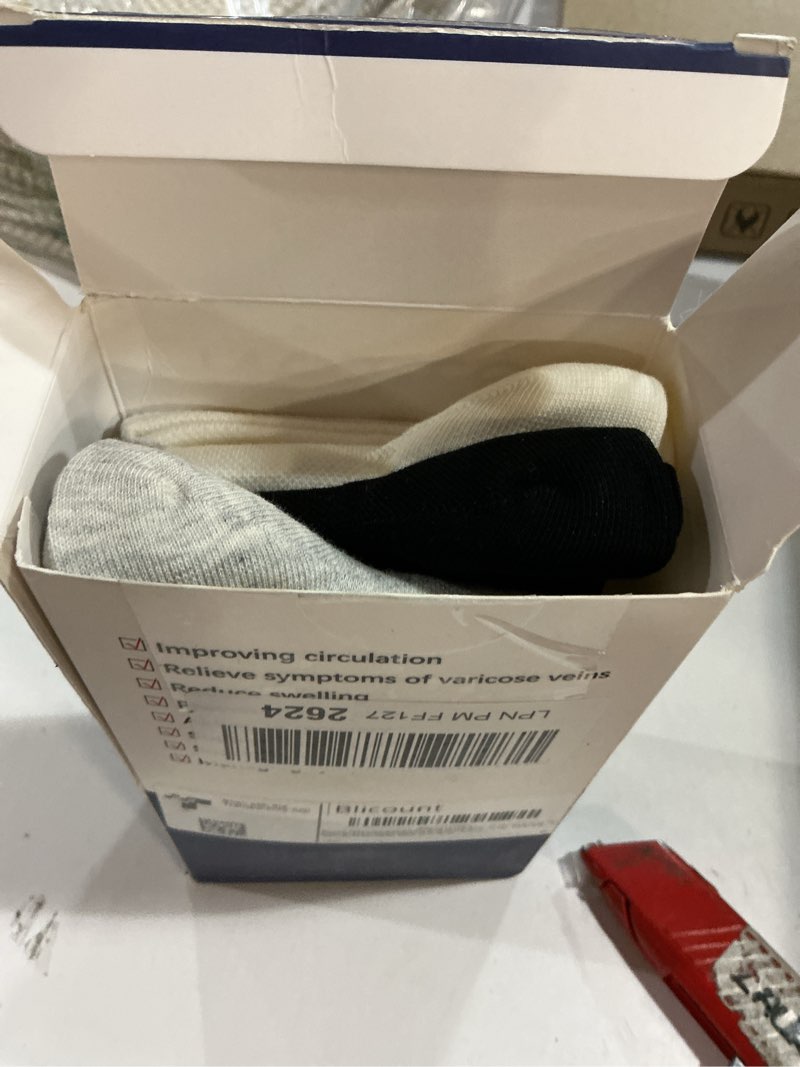 Condition photo showing New/Like New for Cotton Compression Socks for Women&Men 15-20mmHg Knee High Cute Support Sock for Nurses, Pregnant Women, Travel 3 Pairs-black&grey&white Small-Medium