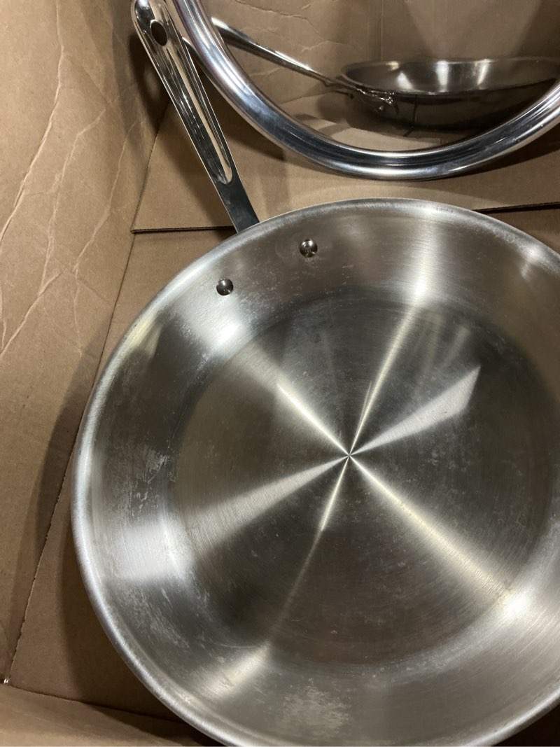 Condition photo showing As Is for all-clad d3® stainless steel 12 inch frying pan with lid- made in the usa- the original bonded professional cookware- oven safe & induction compatible 12" stainless steel pan with lid