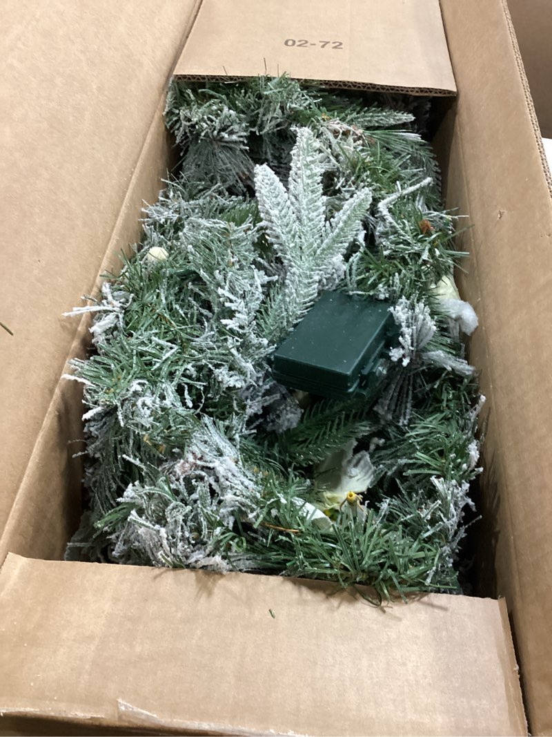 Condition photo showing Good Condition for Glitzhome 9ft Pre-Lit Christmas Garland, Artificial Garland with 50 Warm White Lights and Timer Snow Flocked Greenery Pine Poinsettia for Front Door, Table, Mantel Decorations 9ft/White Poinsettia