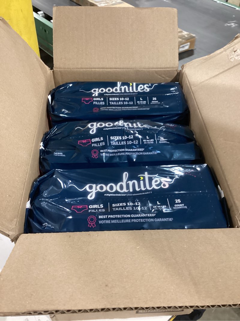 Condition photo showing New/Like New for goodnites boys' nighttime bedwetting underwear, size large (68-95 lbs), 75 ct (3 packs of 25), packaging may vary large 75