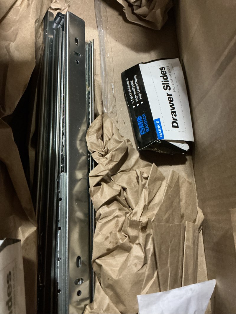 Condition photo showing As Is for 16 inch Ball Bearing Drawer Slides 6 Pairs (12pcs) - 100LB Capacity, Full Extension Side Mount Slides for Kitchen Cabinets, Wardrobes, Office Furniture (Silver 16inch) Silver 16inch-400mm