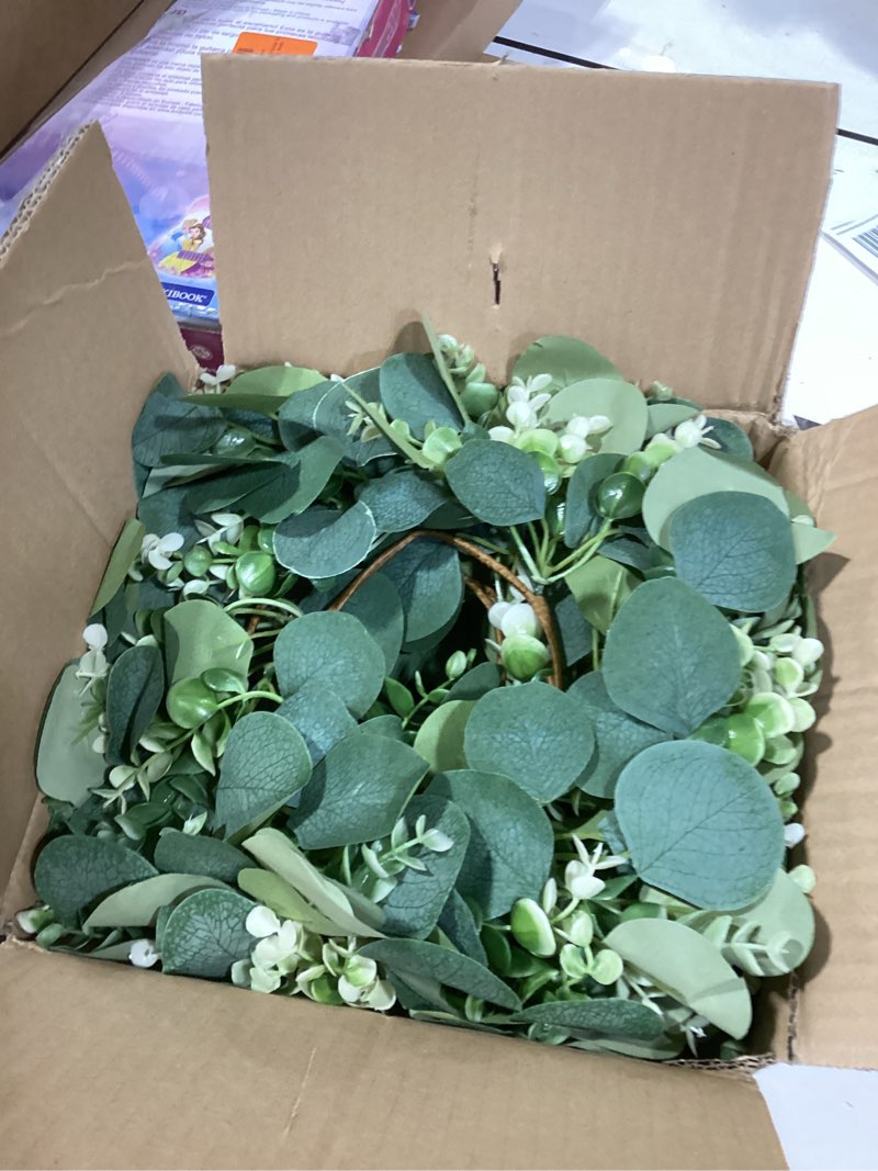 Condition photo showing As Is for 20 pcs artificial eucalyptus candle rings, boho wedding candle holder wreaths with green leaves, decorative pillar candle rings for centerpieces and home decor