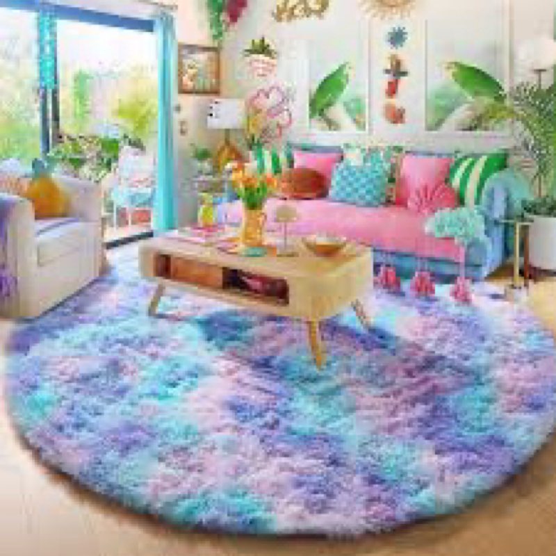 amdrebio hot pink rainbow round circle area rug 6ft for girls bedroom, large fluffy cute fuzzy color