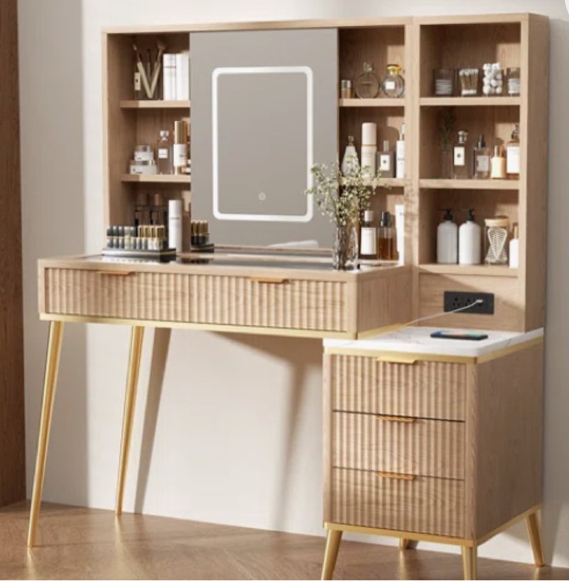 fluted makeup vanity desk with sliding hd lighted mirror, tempered glass top & built-in charging station