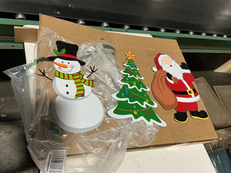 Condition photo showing As Is for glitzhome metal christmas santa snowman tree stake 3 pack outdoor yard holiday décor, 24" h, multicolor