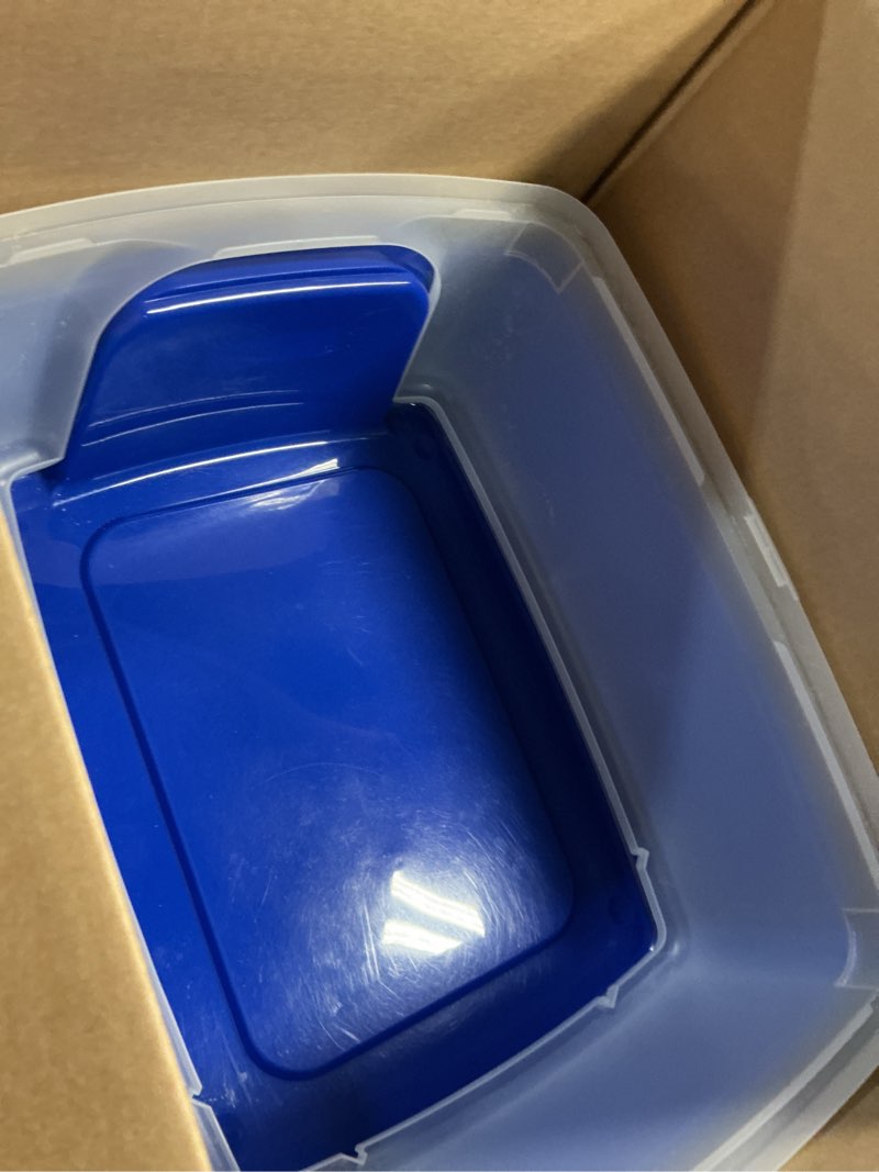Condition photo showing As Is for iris usa cat litter box large open top with high sided walls tall scatter shield scoop included easy clean plastic pan stain resistant for big cats kittens indoor multi-cat households open top blue