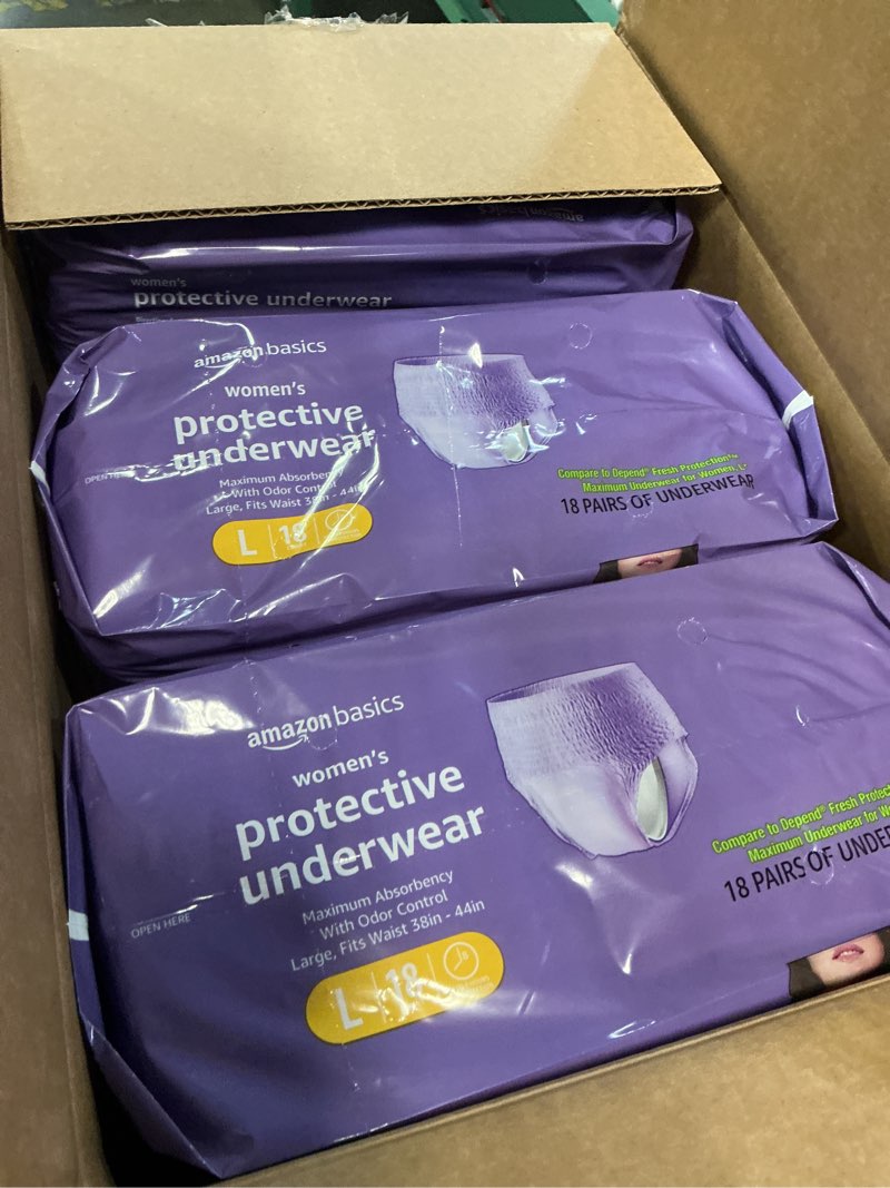 Condition photo showing New/Like New for amazon basics incontinence underwear for women, protective, disposable, postpartum, maximum absorbency, large, lavender, 54 count (3 packs of 18) large 54.0