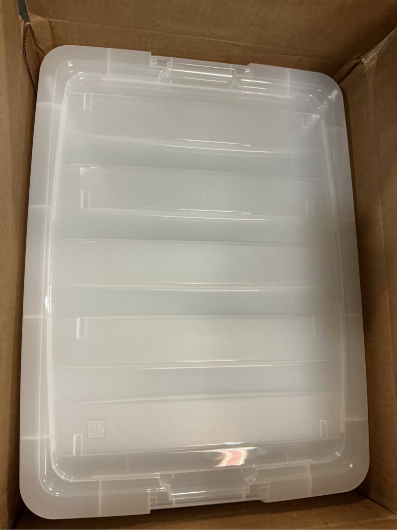 Condition photo showing Good Condition for IRIS USA 54 Qt Stackable Plastic Storage Bins with Lids, 6 Pack - BPA-Free, Made in USA - See-Through Organizing Solution, Latches, Durable Nestable Containers, Secure Pull Handle - Clear Clear 54 Qt 6 Pack