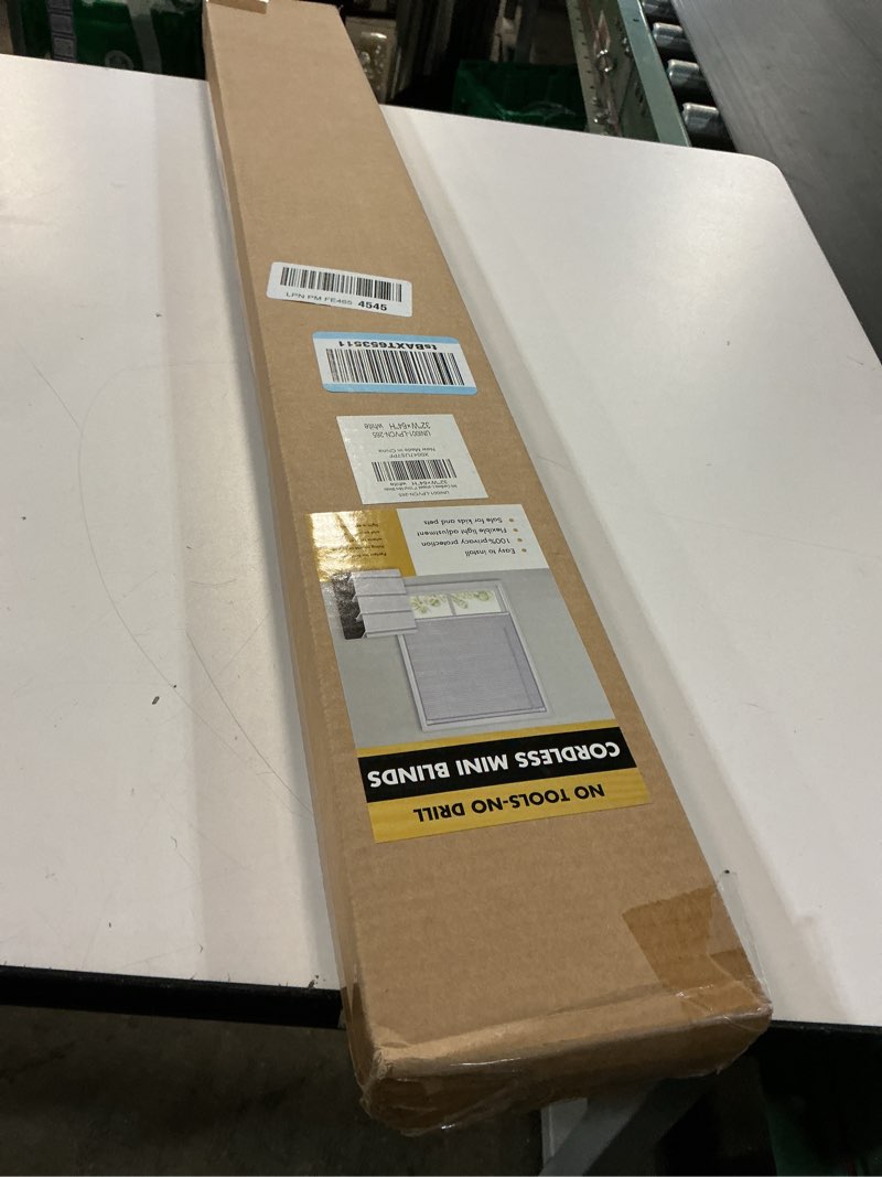 Condition photo showing New/Like New for No Drill Blinds for Windows 1" Vinyl L-Shaped Slats Cordless Mini Blinds for Home, for Window Size 32" W × 64" H White White 32" W × 64" H