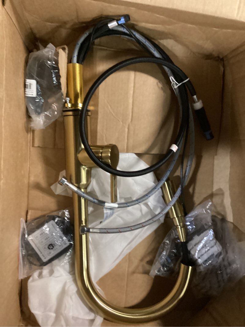 Condition photo showing Good Condition for kraus oletto high-arc single handle pull-down kitchen faucet in brushed brass, kpf-2821bb high arc faucet brushed bronze