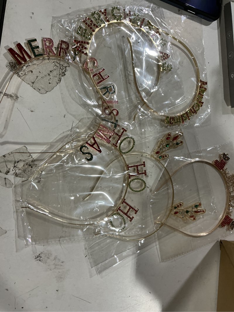 Condition photo showing New/Like New for yunlly 6 pcs christmas rhinestone headbands for women merry christmas rhinestone headbands crystal holiday hair hoops reindeer antler hohoho headband hair accessories for holiday party favor supplies