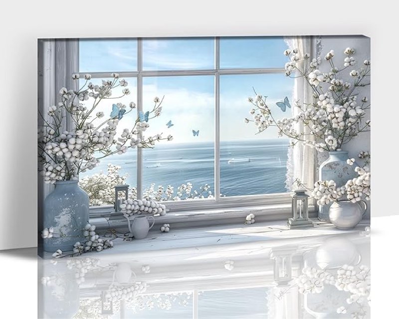 farmhouse bathroom wall art, rustic white flower in bottle pictures prints for bedroom canvas wall decor, framed vintage floral plants in blue ocean painting posters for room artwork 18x24 inches