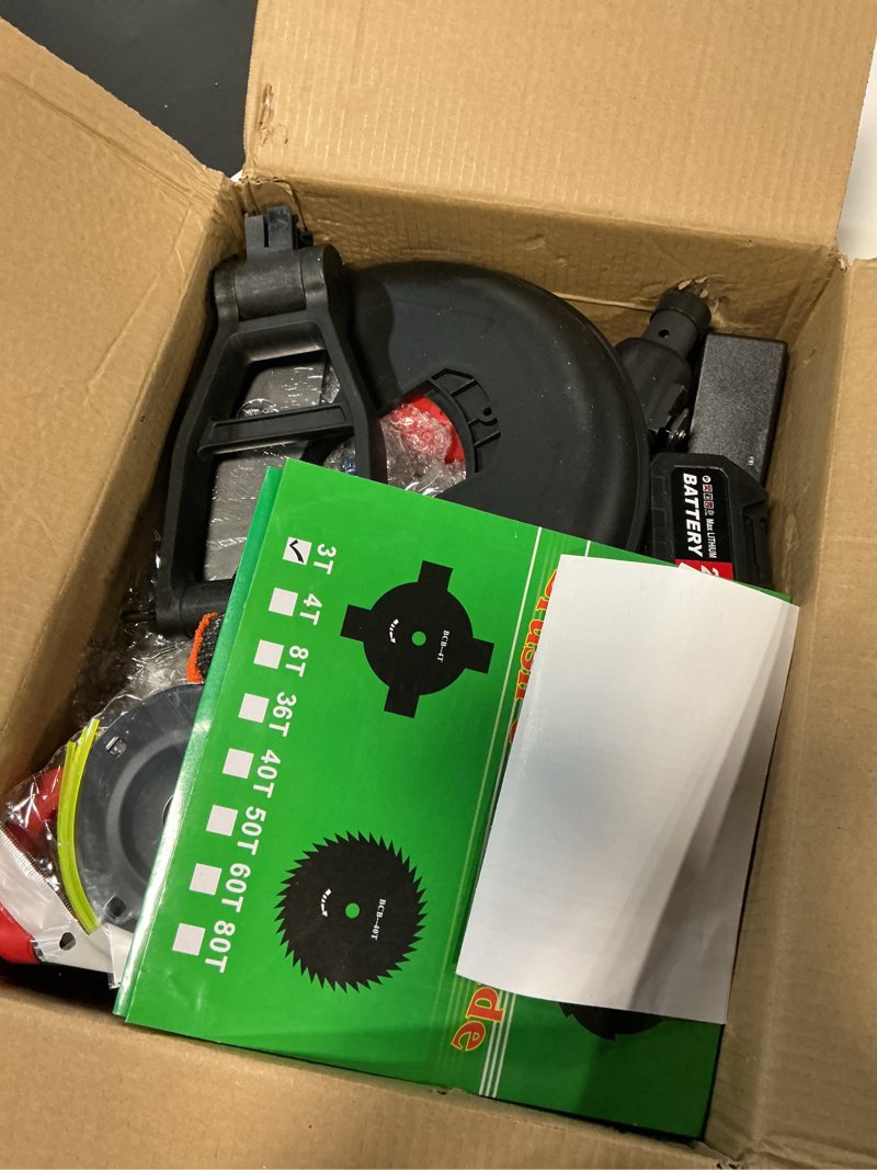 Condition photo showing As Is for 6000mah electric weed eater battery powered,12? brushless electric weed wacker cordless wheeled string trimmer,4 in 1 grass trimmer/brush cutter/grass edger/weed trimmer 5 blade, 2 battery (red)