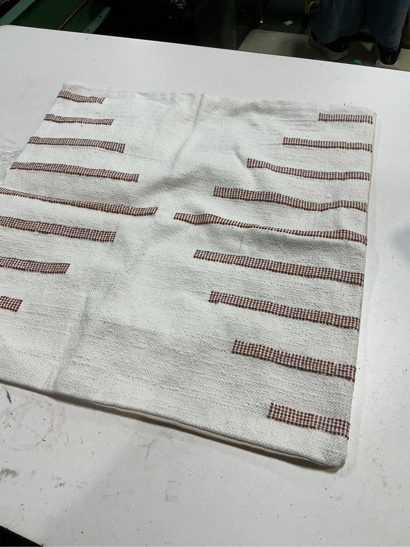 Condition photo showing Good Condition for quince bold stripe pillow cover in terracotta features a handcrafted woven texture 20”x 20”