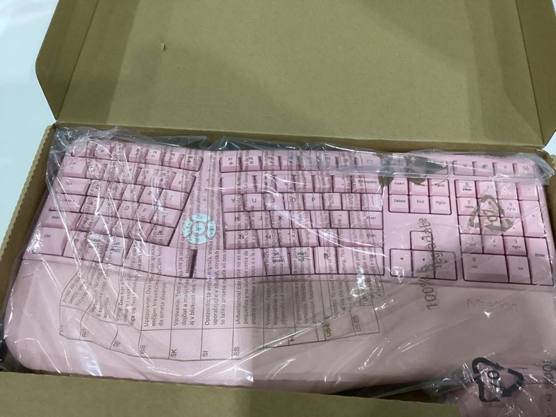 Condition photo showing Good Condition for meetion ergonomic keyboard and mouse, wireless keyboard with vertical mouse, split curved keyboard with wrist rest, natural typing full size, windows/mac/computer/laptop, pink