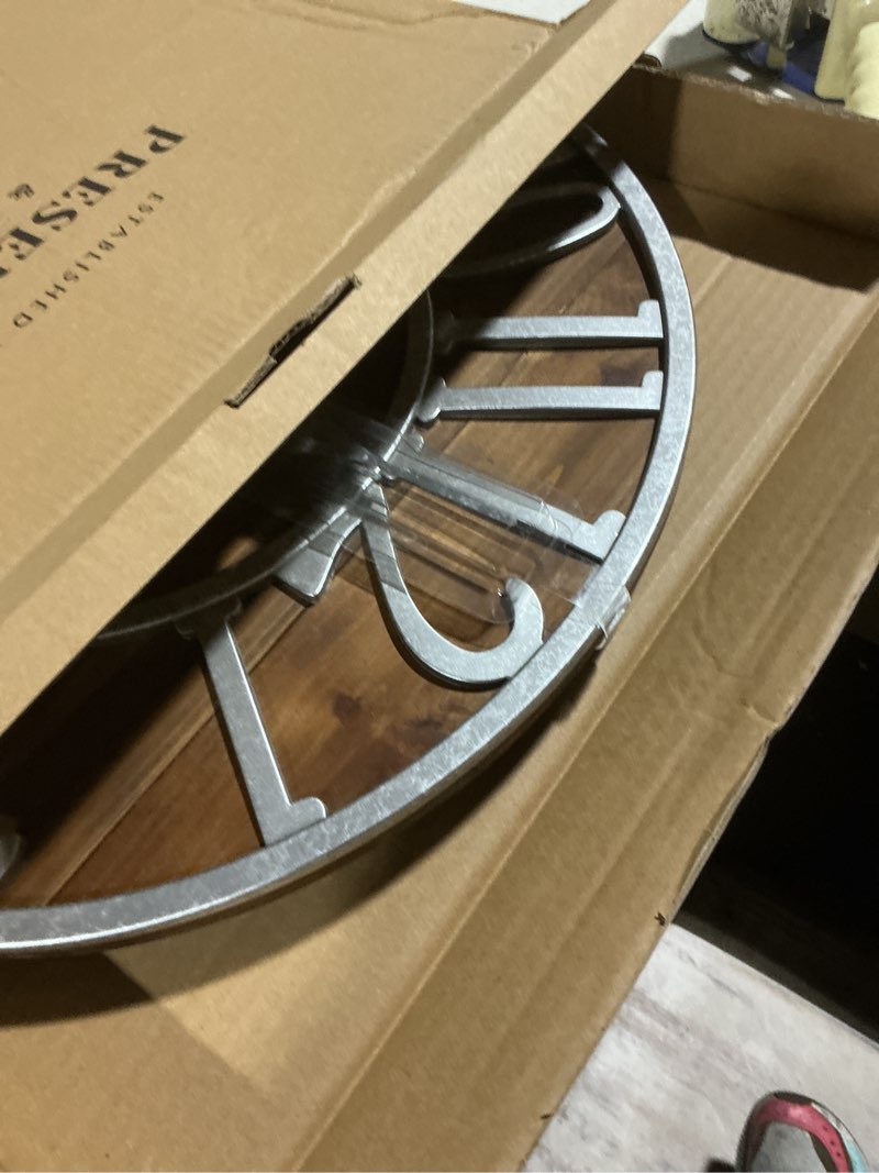 Condition photo showing Good Condition for Presentime & Co Vintage Farmhouse Series, Galvanized Rustic Barnwood Clock, 19.5 inch, Galvanized Finish Arabic Numerals with Weathered Natural Barnwood, Farmhouse Décor/Wall Décor