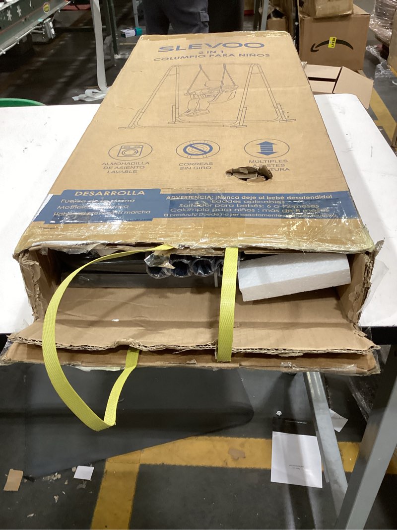 Condition photo showing As Is for slevoo 2 in 1 baby jumper and swing, toddler swing set with foldable stand, ages 6 months to 6 years, for indoor and outdoor fun, grey gray