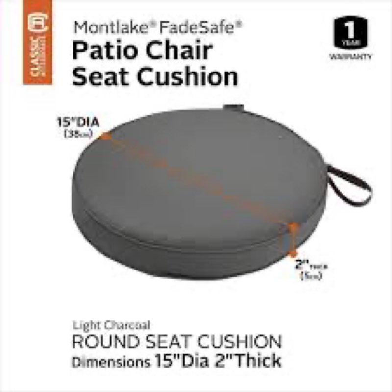 Classic Accessories Montlake Water-Resistant 15 Dia x 2 Inch Patio Dining Seat Cushion, Light Charco