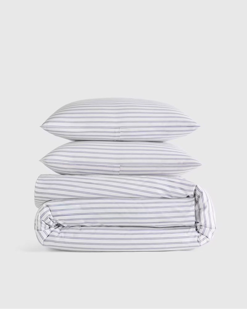 classic organic percale double stripe duvet cover set, white/mineral, full/queen
