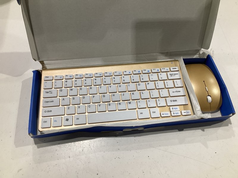 Condition photo showing As Is for (missing usb adapter) wireless keyboard and mouse combo, compact quiet wireless keyboard and mouse set 2.4g ultra-thin sleek design for windows, computer, desktop, pc, notebook, laptop (ghkm03 gold 01)