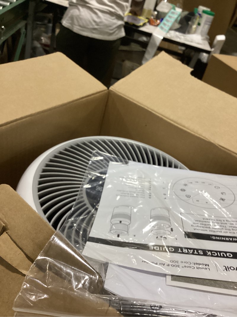 Condition photo showing As Is for levoit air purifier for home allergies pet hair in bedroom, covers up to 1073 ft² by 56w high torque motor, aham verifide, 3-in-1 filter with hepa sleep mode, remove dust smoke odor, core300-p, white