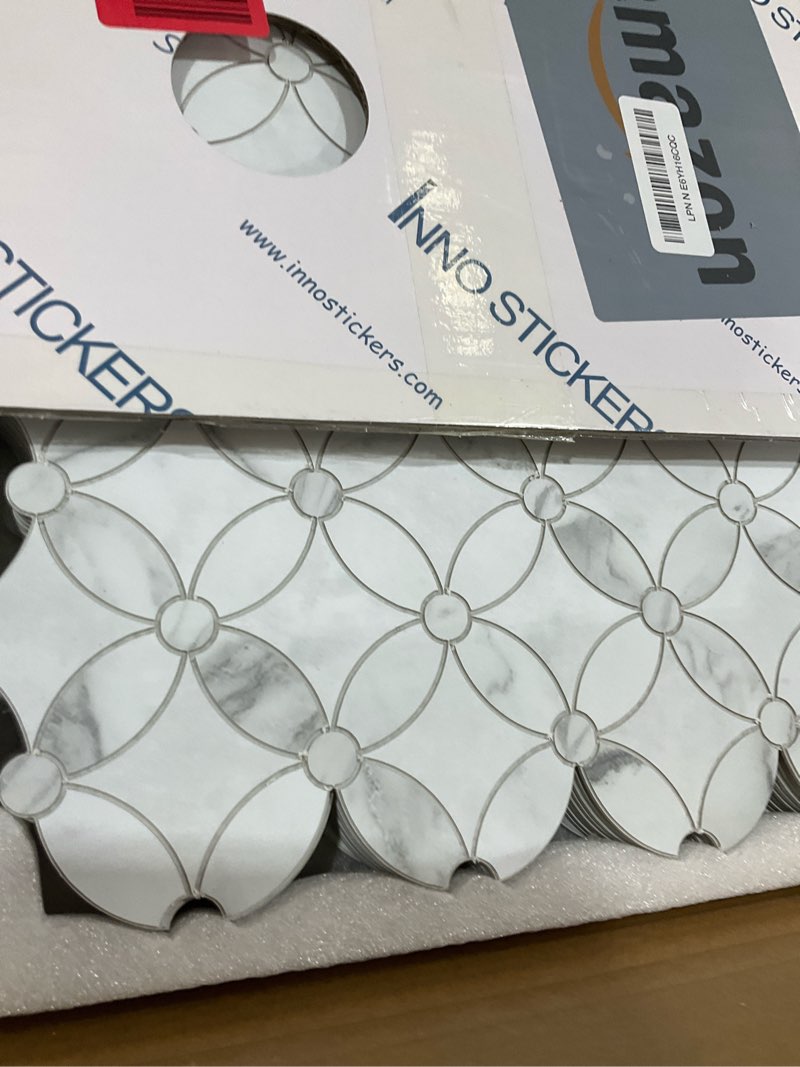 Condition photo showing Good Condition for sunwings 10-sheet coin peel and stick waterjet backsplash self adhesive tiles white marble wall panels stick on backsplash for kitchen, bathroom, fireplace carrara white 11.2" x 11.2" (10 sheets)