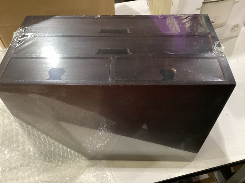 Condition photo showing New/Like New for deayou bamboo desk organizer, 100% natural bamboo desktop drawer organizer, dark brown tabletop storage cabinet organization box with 4 drawer for makeup, letter, home, 3 layer, fully assemble