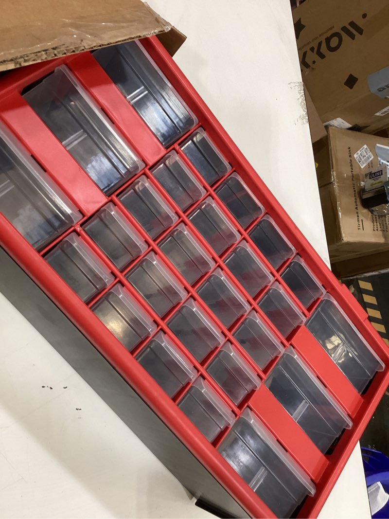 Condition photo showing As Is for intertool small parts organizer for hardware & screws | 18 removable bins with dividers | wall mount or desktop craft & lego storage cabinet | 19” x 15” x 7” bx08-4019 18 drawers