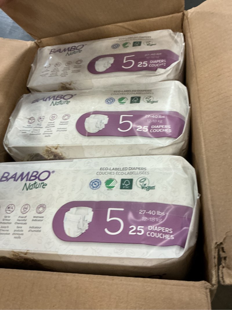 Condition photo showing New/Like New for bambo nature premium eco-friendly baby diapers, size 5 (27-40 lbs), 150 count (6 packs of 25) size 5 150