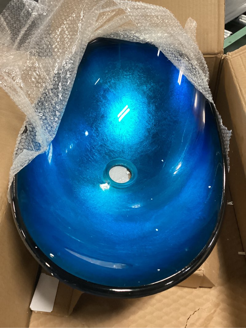 Condition photo showing As Is for Blue Countertop Bathroom Vessel Sink with Waterfall Faucet, Vessel Sinks,Round Glass Vessel Sink Combo,Bathroom Sink Above Counter,Modern Artistic Tempered Glass Vessel Bowl Sink