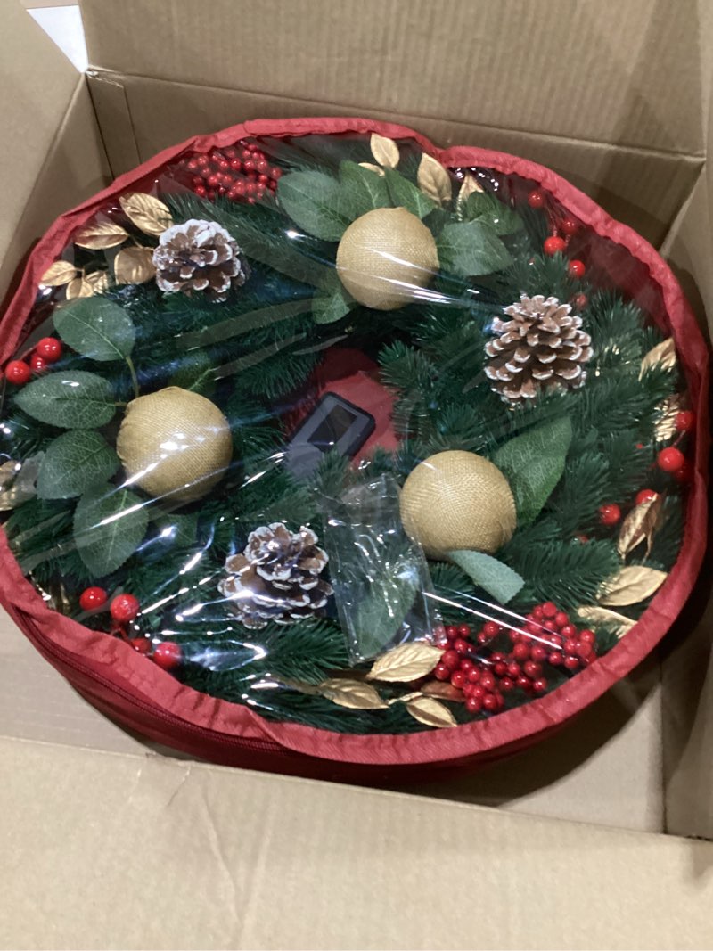 Condition photo showing New/Like New for christmas wreath with 40 led lights,18 inch pre-lit artificial christmas wreaths for front door with pinecones red berries ball ornaments, christmas decorations for indoor & outdoor use