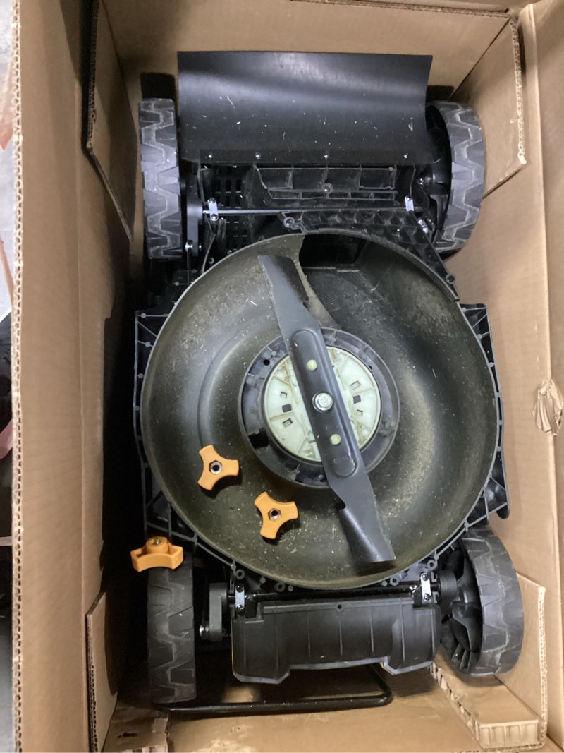 Condition photo showing As Is for craftsman push mower 15 in, 2 x 4 ah v20 batteries and 2 chargers included, up to 45 min of runtime, lightweight, easy to maneuver electric lawn mower cordless with grass bag (cmcmwp120m2)