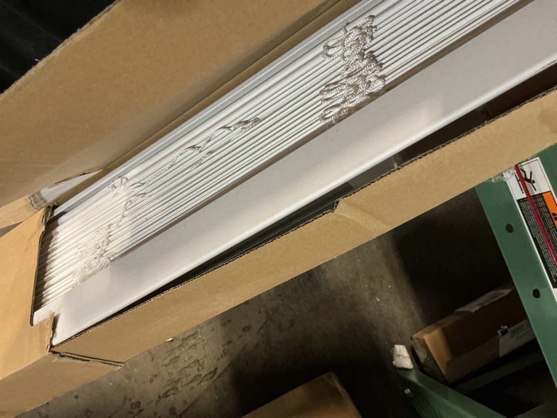 Condition photo showing As Is for  allen + roth 2-in slat width 63-in x 60-in cordless white faux wood room darkening horizonta