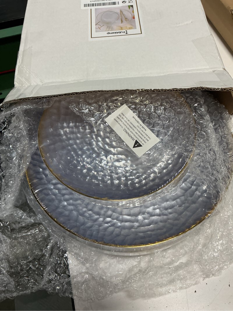 Condition photo showing Good Condition for rubtlamp 60pcs clear plastic plates,clear disposable plates with gold rim,heavy-duty gold plates,hammered party plates include 30clear dessert-platos,30dinner-platos for wedding, party clear gold