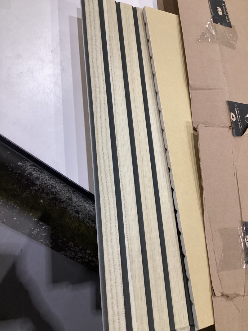 Condition photo showing As Is for 6Pack Acoustic Panels, Self-Adhesive Fluted Slat Sound Proof Panels for Walls, Decorative UV-Printed Imitation Wood Grain Fibreboard for Recording Studio, Home, Office, 24×24×0.4", Natural Oak Color